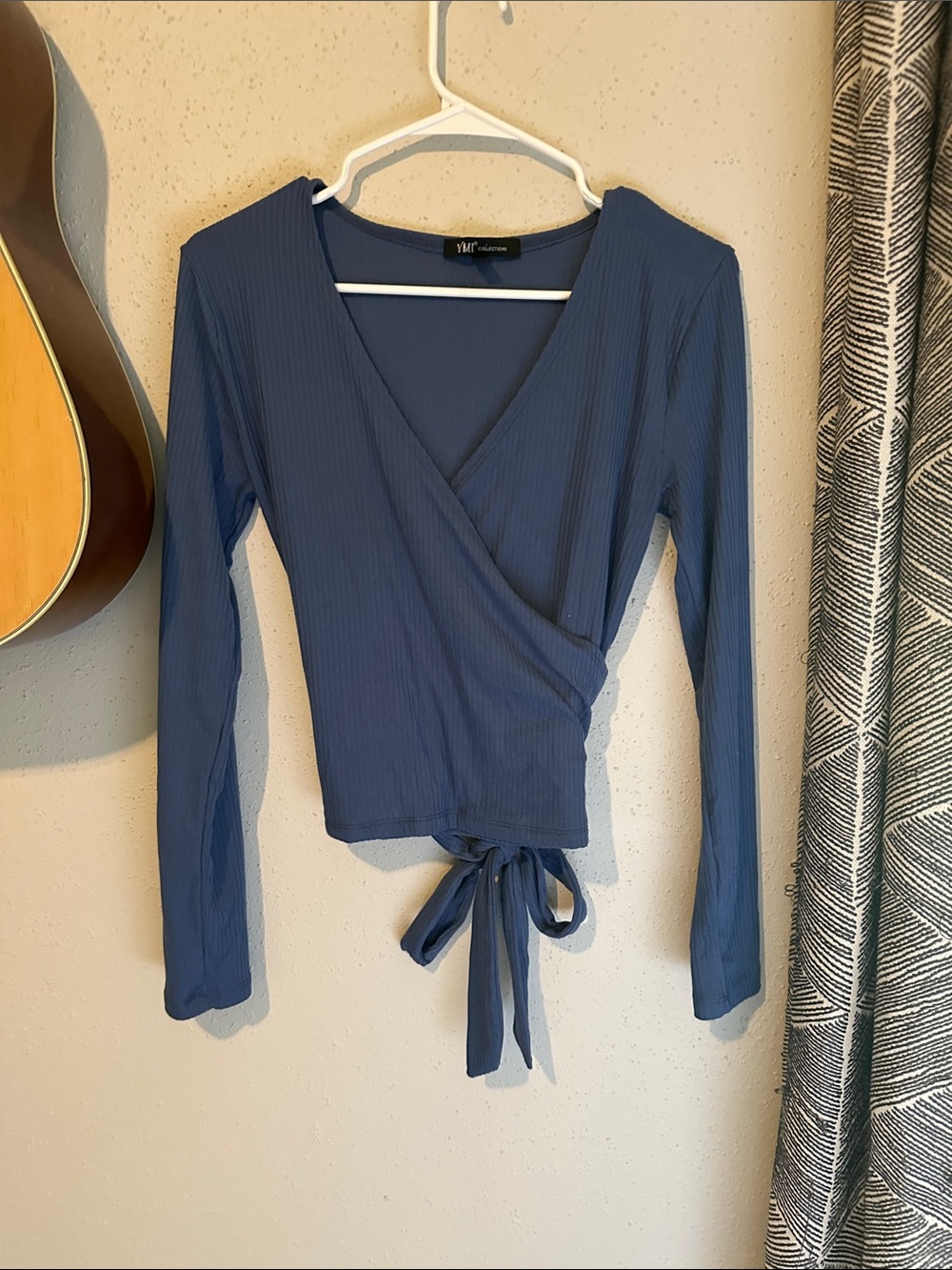 YMI Ribbed Wrap Crop Top in Slate Blue